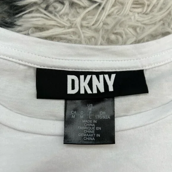 DKNY Ruched Puff Sleeve Mixed Media Logo Tshirt - Picture 4 of 6